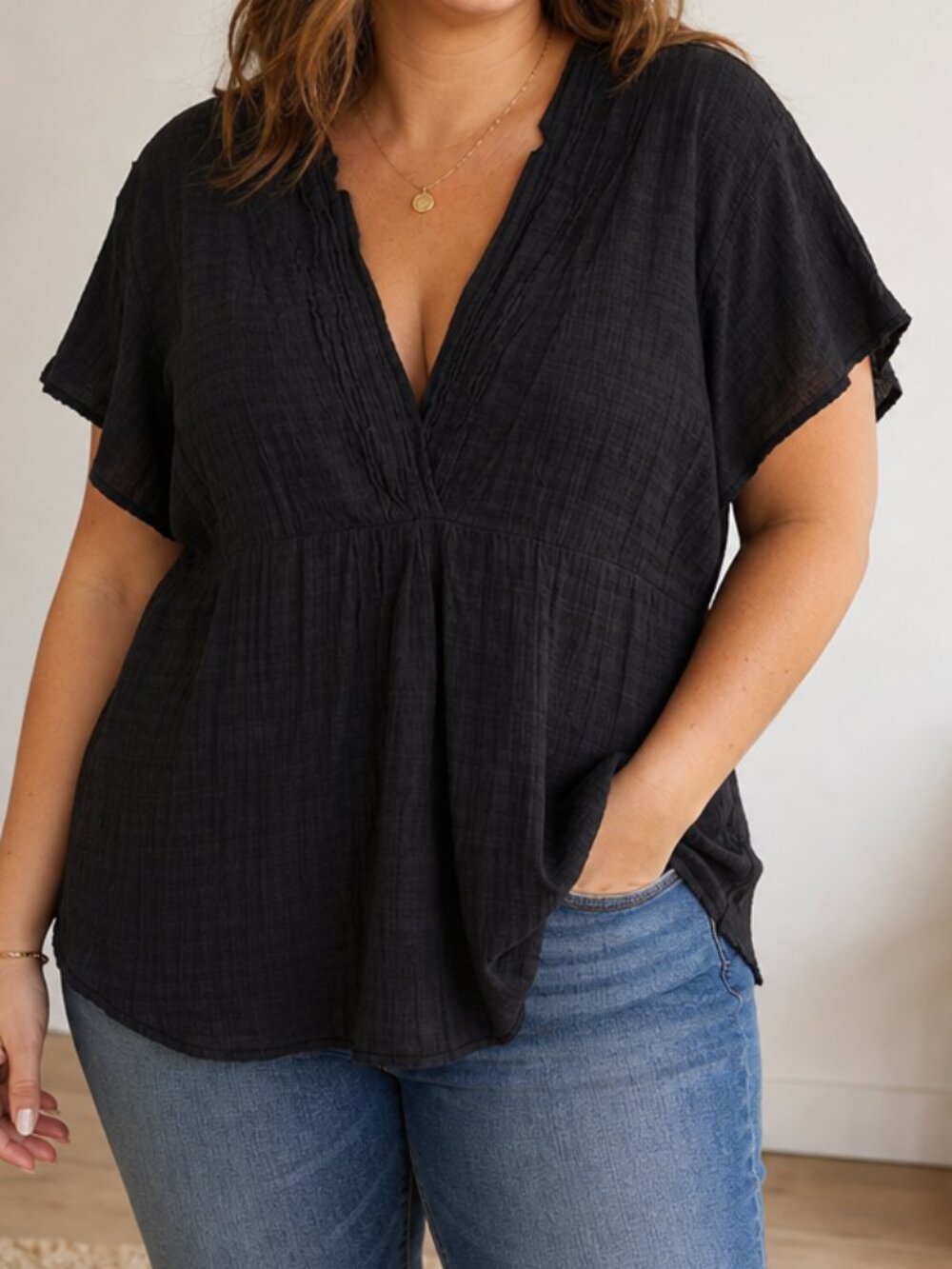 Eyeshadow Black Surplice Plus Size 2X Cotton Blend Gauze Cap Sleeve Top